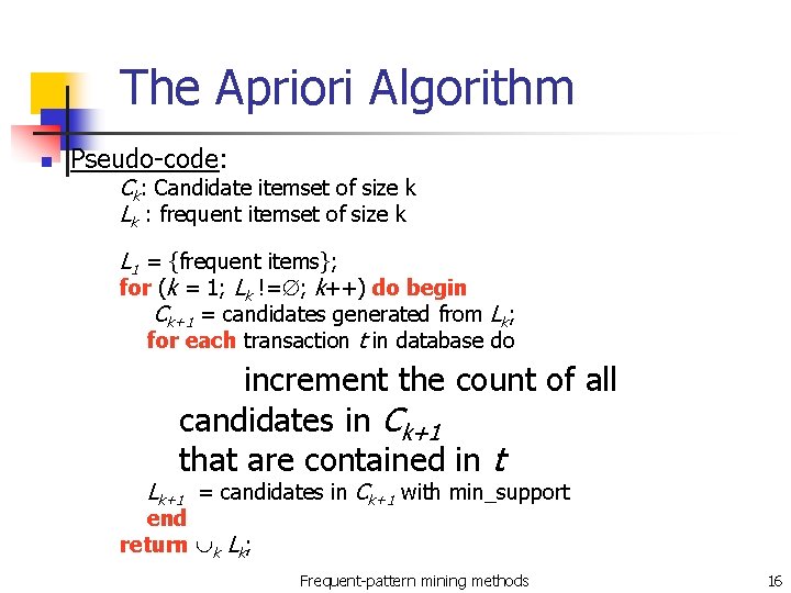 The Apriori Algorithm n Pseudo-code: Ck: Candidate itemset of size k Lk : frequent