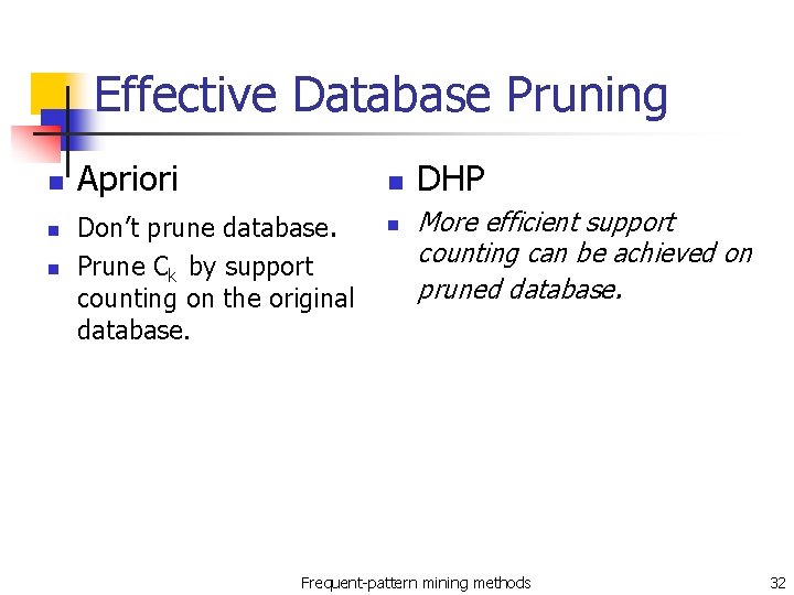 Effective Database Pruning n n n Apriori n Don’t prune database. Prune Ck by