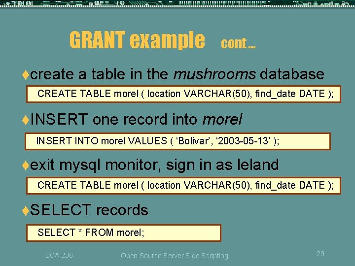 GRANT example tcreate cont … a table in the mushrooms database CREATE TABLE morel GRANT example tcreate cont … a table in the mushrooms database CREATE TABLE morel
