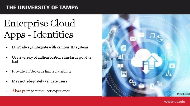 Enterprise Cloud Apps - Identities • Don’t always integrate with campus ID systems •