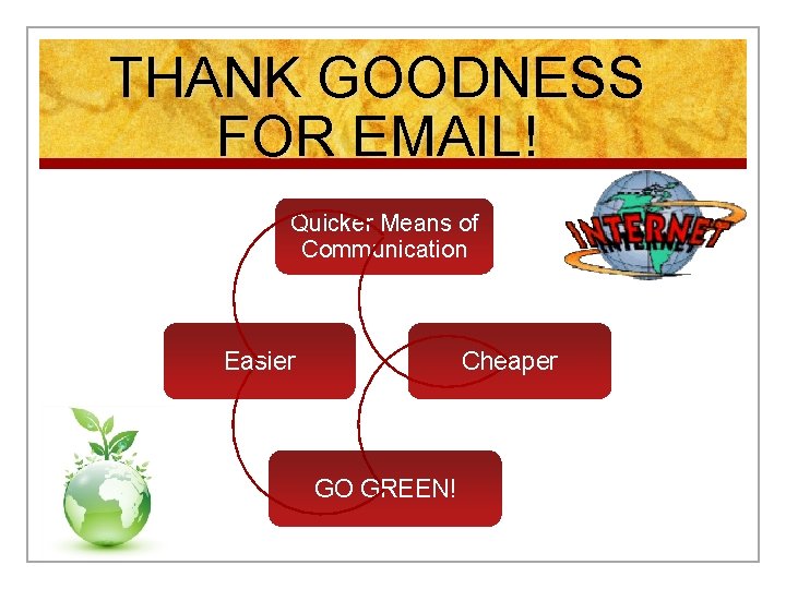 THANK GOODNESS FOR EMAIL! Quicker Means of Communication Easier Cheaper GO GREEN! 