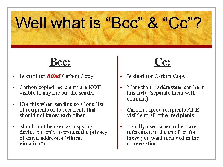 Well what is “Bcc” & “Cc”? Bcc: Cc: • Is short for Blind Carbon