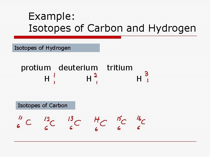 Example: Isotopes of Carbon and Hydrogen Isotopes of Hydrogen protium H deuterium H Isotopes