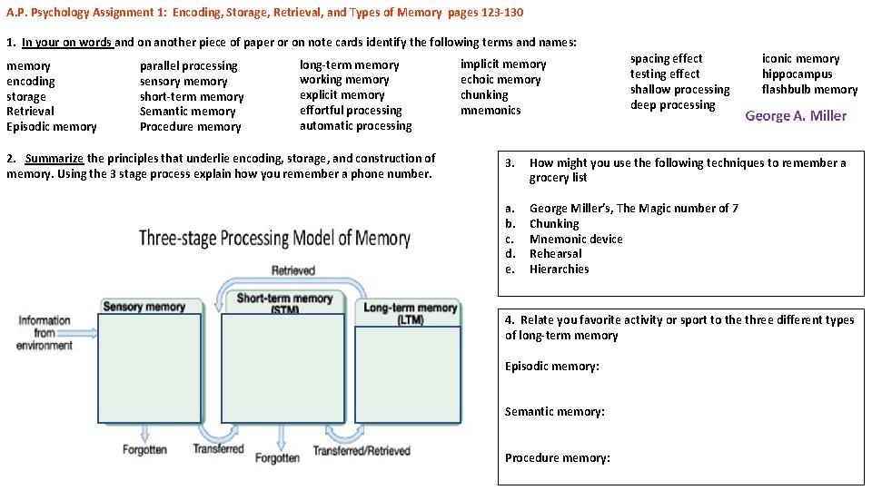 A. P. Psychology Assignment 1: Encoding, Storage, Retrieval, and Types of Memory pages 123