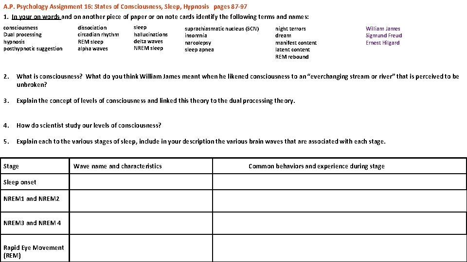 A. P. Psychology Assignment 16: States of Consciousness, Sleep, Hypnosis pages 87 -97 1.