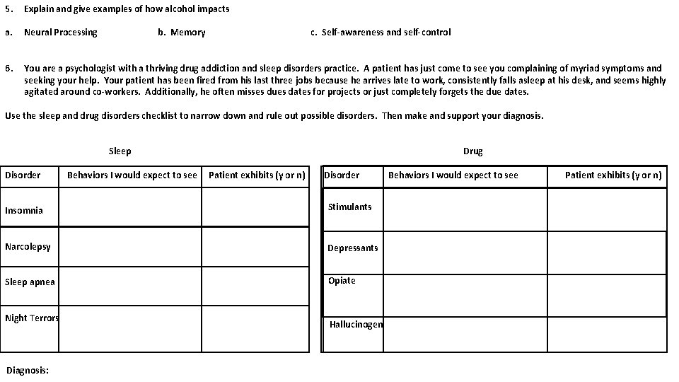 5. Explain and give examples of how alcohol impacts a. Neural Processing 6. You