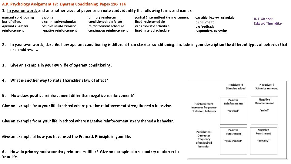 A. P. Psychology Assignment 19: Operant Conditioning Pages 110 - 116 1. In your