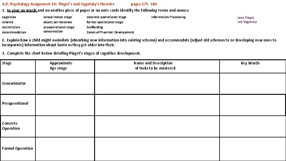 A. P. Psychology Assignment 26: Piaget’s and Vygotsky’s theories pages 175 - 180 1.