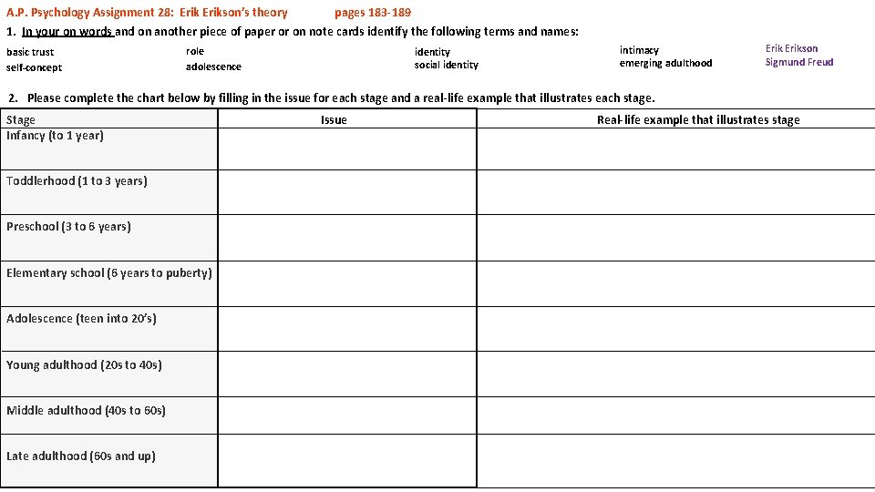 A. P. Psychology Assignment 28: Erikson’s theory pages 183 -189 1. In your on