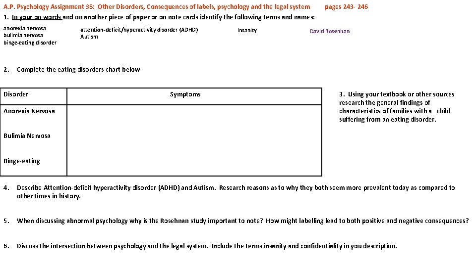 A. P. Psychology Assignment 36: Other Disorders, Consequences of labels, psychology and the legal