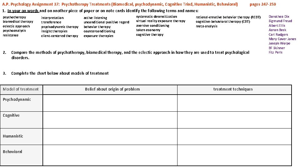 A. P. Psychology Assignment 37: Psychotherapy Treatments (Biomedical, psychodynamic, Cognitive Triad, Humanistic, Behavioral) 1.