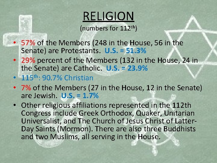 RELIGION (numbers for 112 th) • 57% of the Members (248 in the House,