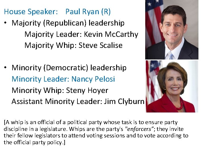 House Speaker: Paul Ryan (R) • Majority (Republican) leadership Majority Leader: Kevin Mc. Carthy