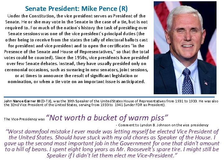 Senate President: Mike Pence (R) Under the Constitution, the vice president serves as President Senate President: Mike Pence (R) Under the Constitution, the vice president serves as President
