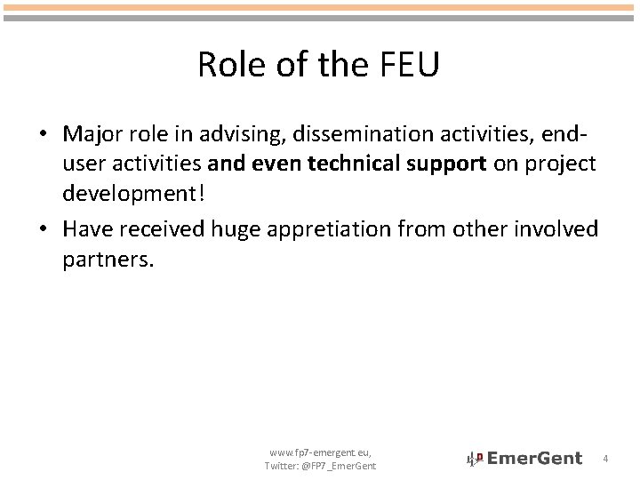 Role of the FEU • Major role in advising, dissemination activities, enduser activities and