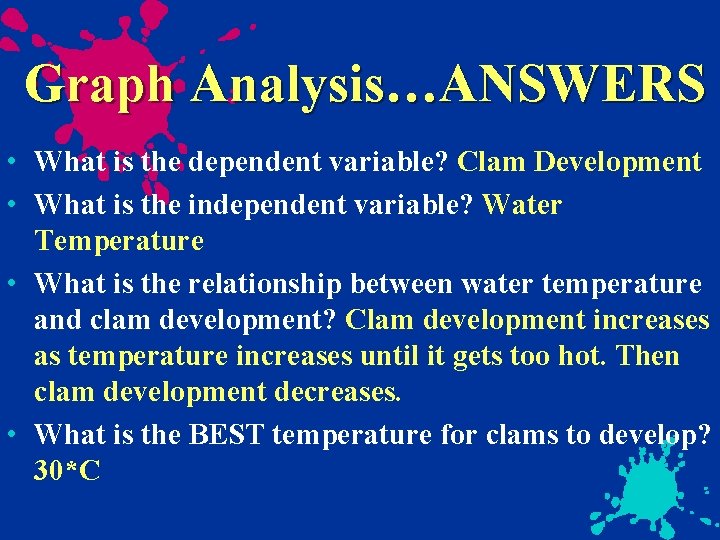 Graph Analysis…ANSWERS • What is the dependent variable? Clam Development • What is the