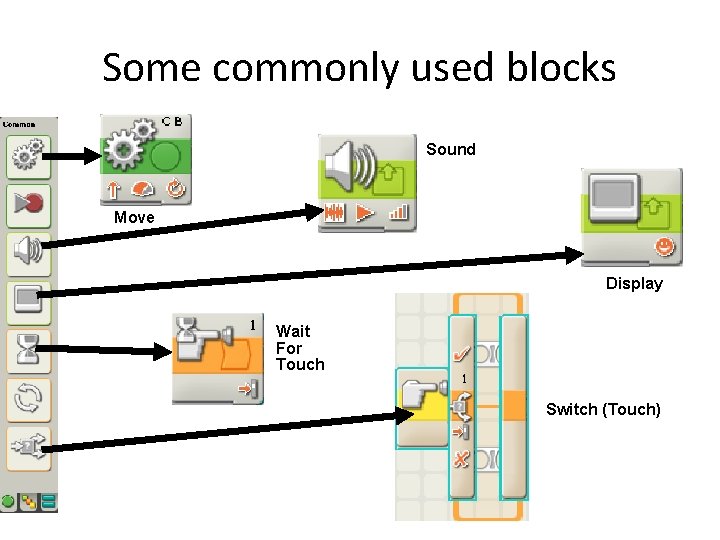 Some commonly used blocks Sound Move Display Wait For Touch Switch (Touch) 