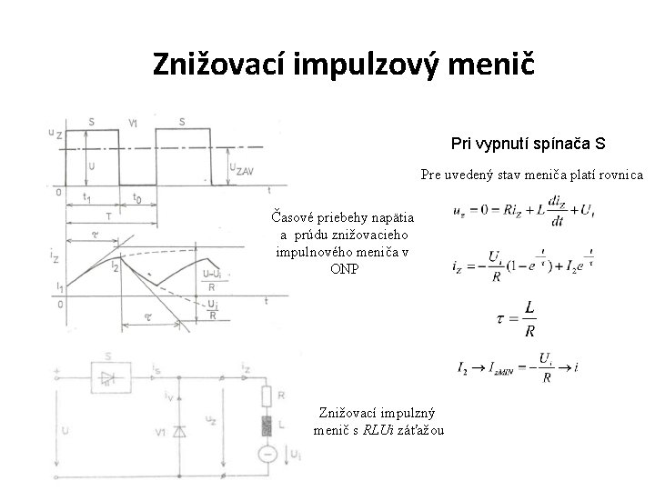 Znižovací impulzový menič Pri vypnutí spínača S Pre uvedený stav meniča platí rovnica Časové