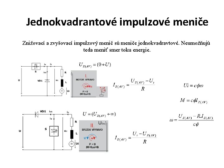 Jednokvadrantové impulzové meniče Znižovací a zvyšovací impulzový menič sú meniče jednokvadravtové. Neumožňujú teda meniť