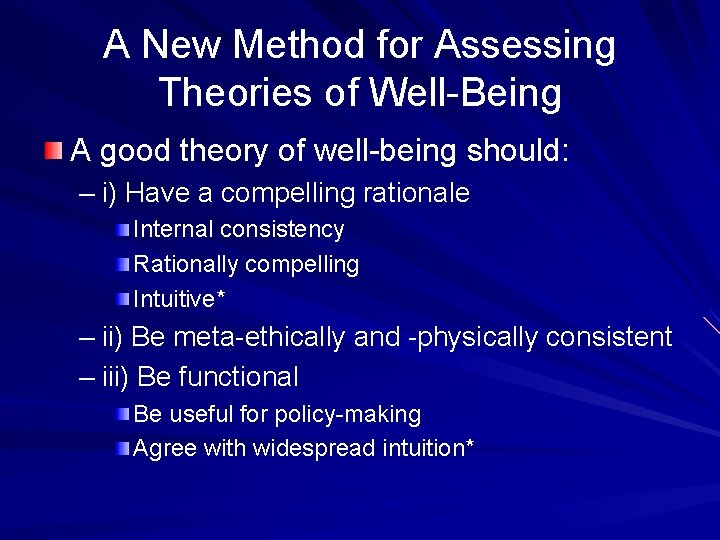 A New Method for Assessing Theories of Well-Being A good theory of well-being should: