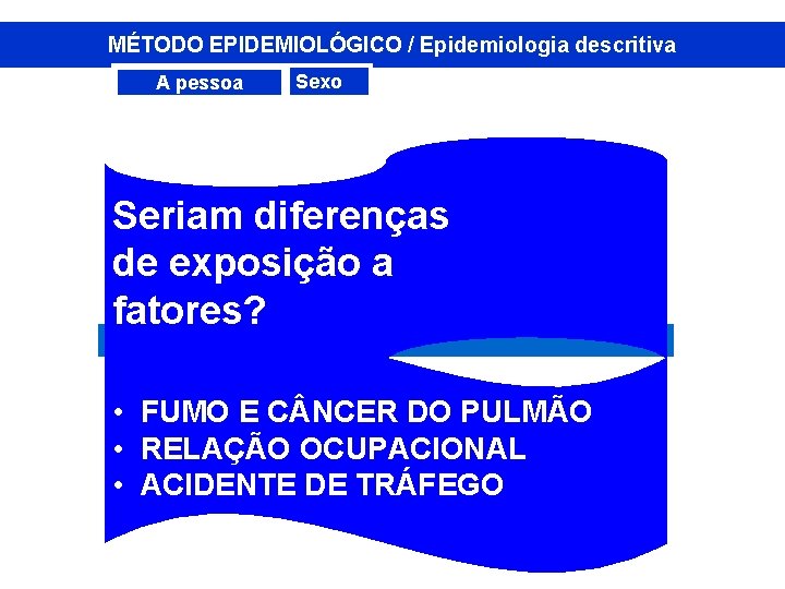 MÉTODO EPIDEMIOLÓGICO / Epidemiologia descritiva A pessoa Sexo Seriam diferenças de exposição a fatores?