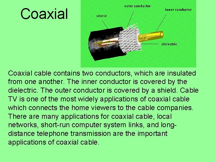 Coaxial cable contains two conductors, which are insulated from one another. The inner conductor Coaxial cable contains two conductors, which are insulated from one another. The inner conductor