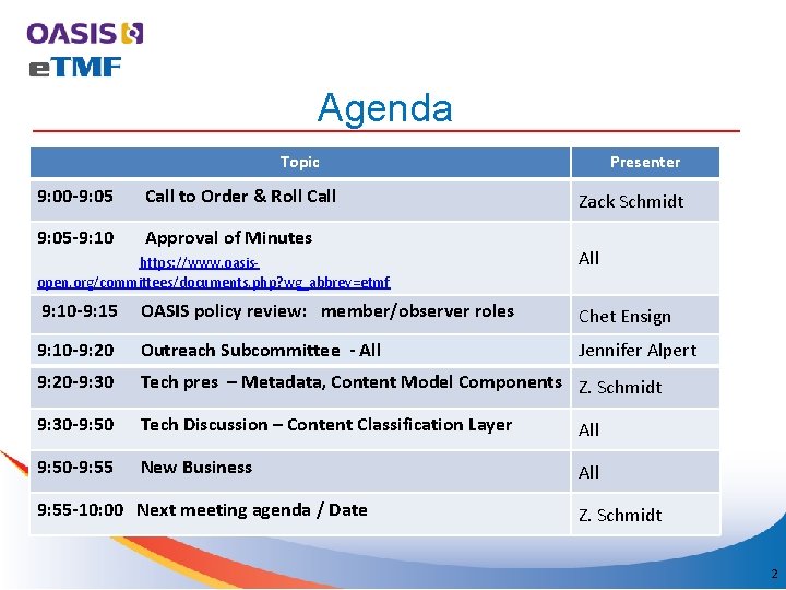 Agenda Topic 9: 00 -9: 05 Call to Order & Roll Call 9: 05