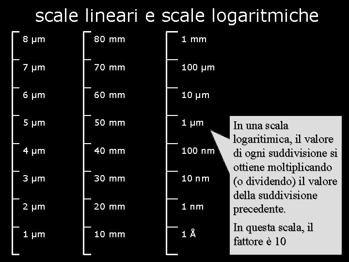 scale lineari e scale logaritmiche 8 µm 80 mm 1 mm 7 µm 70