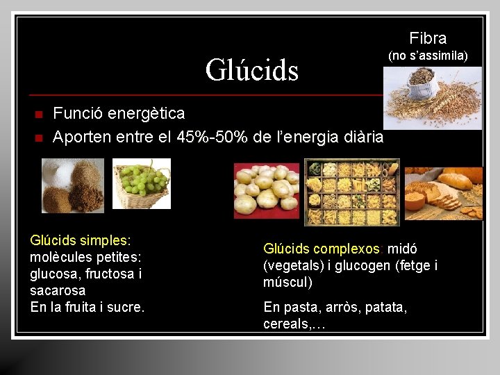 Fibra Glúcids n n (no s’assimila) Funció energètica Aporten entre el 45%-50% de l’energia Fibra Glúcids n n (no s’assimila) Funció energètica Aporten entre el 45%-50% de l’energia