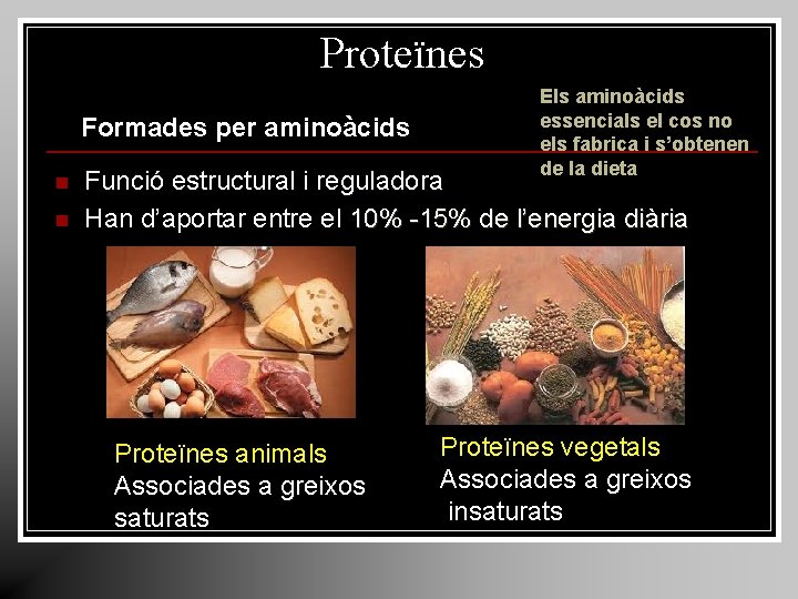 Proteïnes Formades per aminoàcids n n Els aminoàcids essencials el cos no els fabrica Proteïnes Formades per aminoàcids n n Els aminoàcids essencials el cos no els fabrica