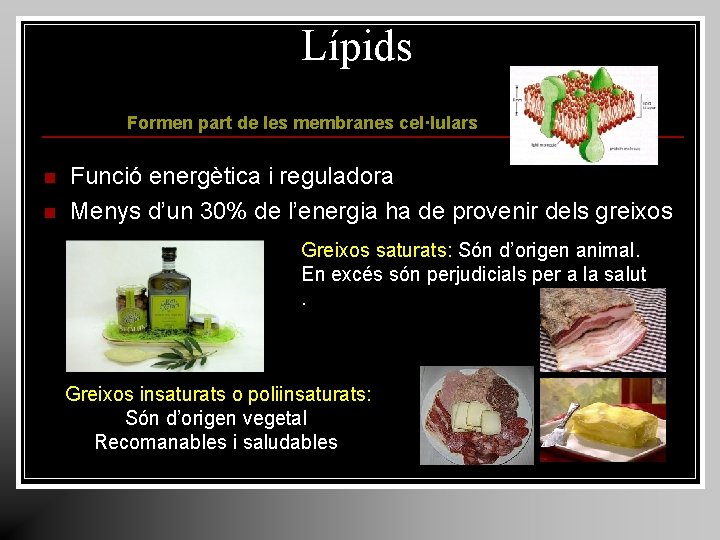 Lípids Formen part de les membranes cel·lulars n n Funció energètica i reguladora Menys Lípids Formen part de les membranes cel·lulars n n Funció energètica i reguladora Menys