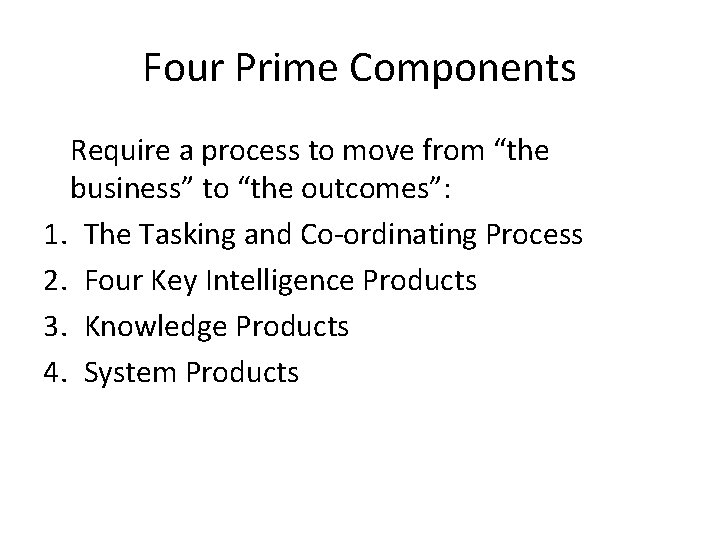 Four Prime Components Require a process to move from “the business” to “the outcomes”: