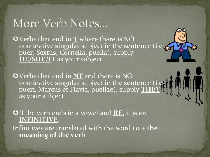 More Verb Notes… Verbs that end in T where there is NO nominative singular