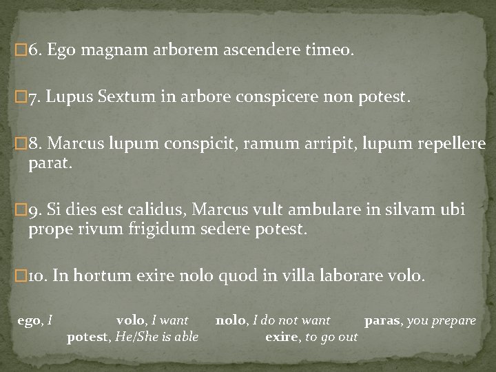 � 6. Ego magnam arborem ascendere timeo. � 7. Lupus Sextum in arbore conspicere