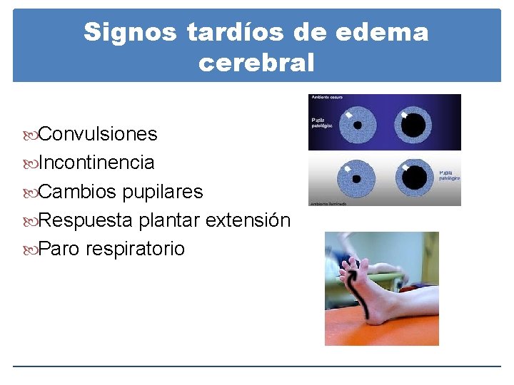 Signos tardíos de edema cerebral Convulsiones Incontinencia Cambios pupilares Respuesta plantar extensión Paro respiratorio Signos tardíos de edema cerebral Convulsiones Incontinencia Cambios pupilares Respuesta plantar extensión Paro respiratorio
