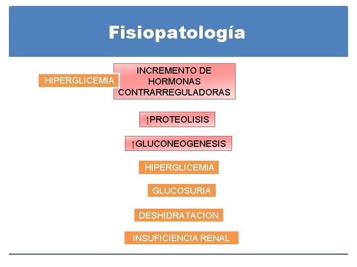 Fisiopatología INCREMENTO DE HIPERGLICEMIA HORMONAS CONTRARREGULADORAS ↑PROTEOLISIS ↑GLUCONEOGENESIS HIPERGLICEMIA GLUCOSURIA DESHIDRATACION INSUFICIENCIA RENAL Fisiopatología INCREMENTO DE HIPERGLICEMIA HORMONAS CONTRARREGULADORAS ↑PROTEOLISIS ↑GLUCONEOGENESIS HIPERGLICEMIA GLUCOSURIA DESHIDRATACION INSUFICIENCIA RENAL