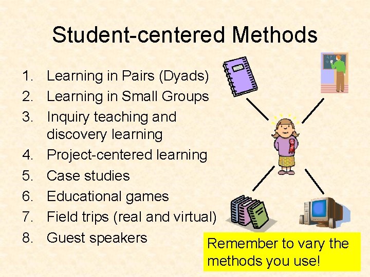 Student-centered Methods 1. Learning in Pairs (Dyads) 2. Learning in Small Groups 3. Inquiry
