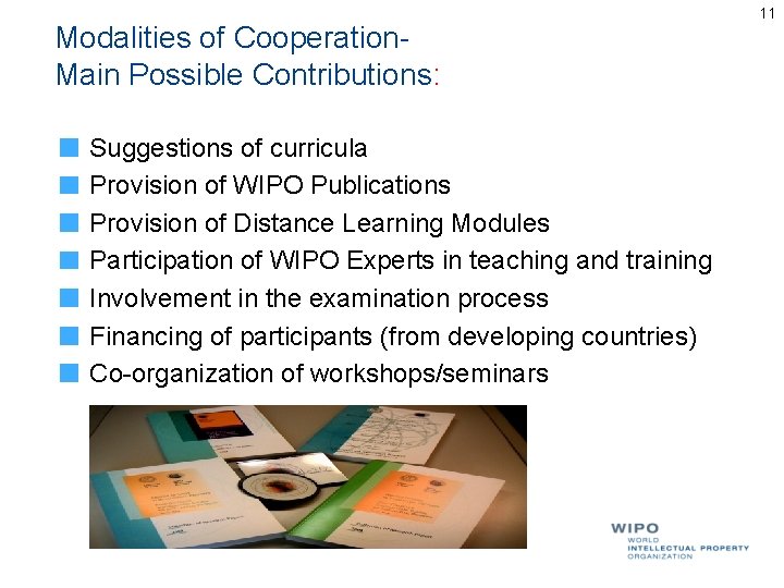 Modalities of Cooperation- Main Possible Contributions: Suggestions of curricula Provision of WIPO Publications Provision