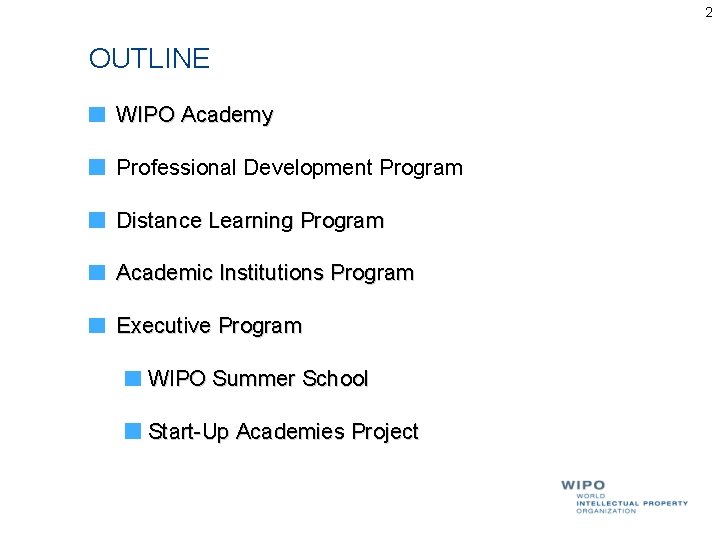 2 OUTLINE WIPO Academy Professional Development Program Distance Learning Program Academic Institutions Program Executive