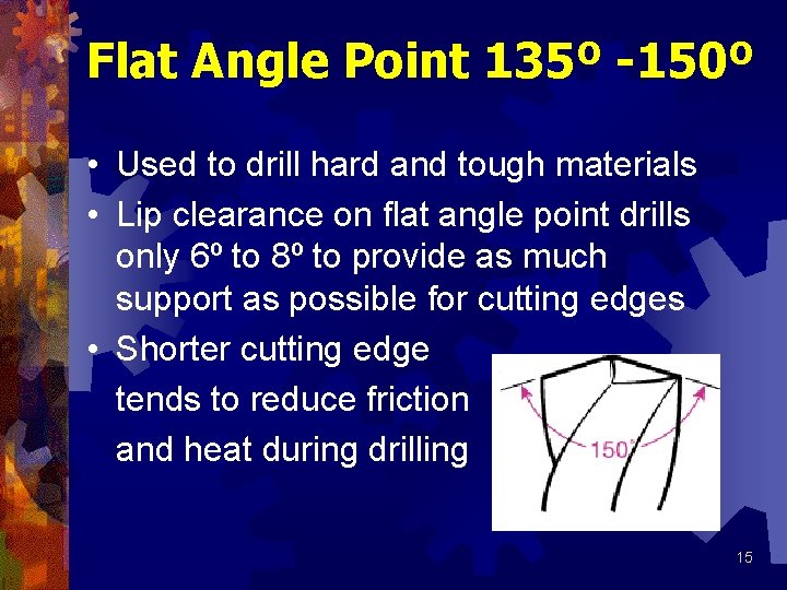Flat Angle Point 135º -150º • Used to drill hard and tough materials •