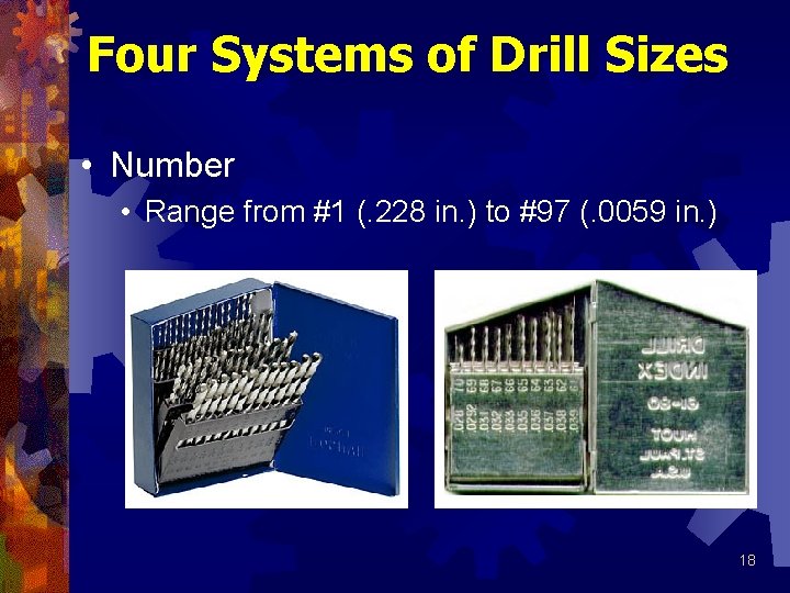Four Systems of Drill Sizes • Number • Range from #1 (. 228 in.