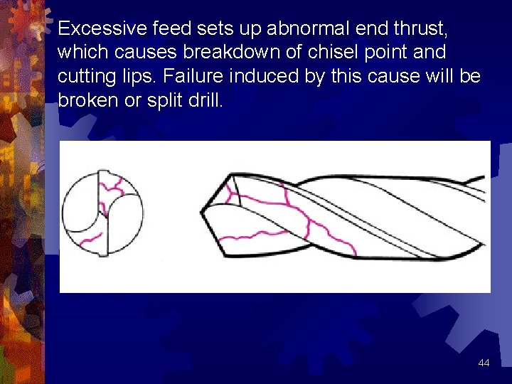 Excessive feed sets up abnormal end thrust, which causes breakdown of chisel point and