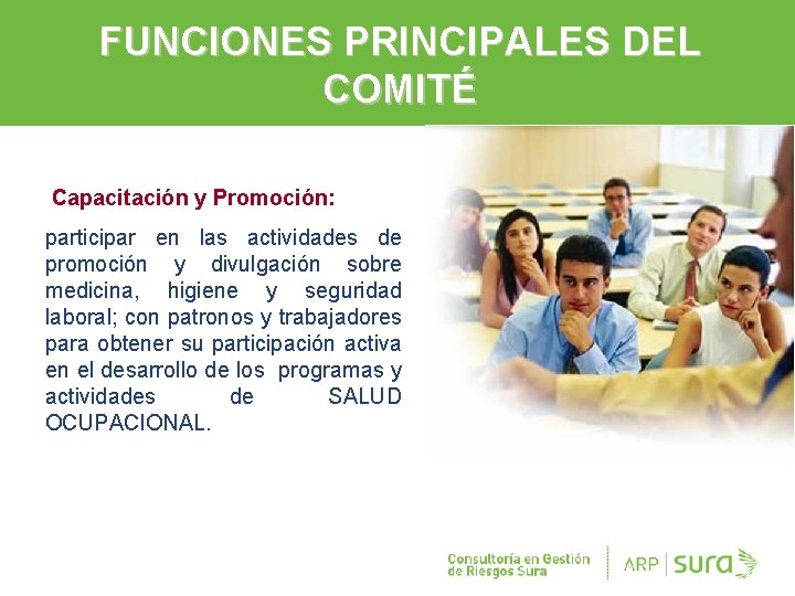 FUNCIONES PRINCIPALES DEL COMITÉ Capacitación y Promoción: participar en las actividades de promoción y