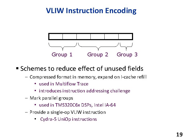 VLIW Instruction Encoding Group 1 Group 2 Group 3 § Schemes to reduce effect