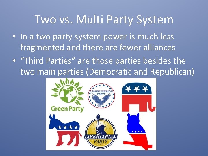 Two vs. Multi Party System • In a two party system power is much