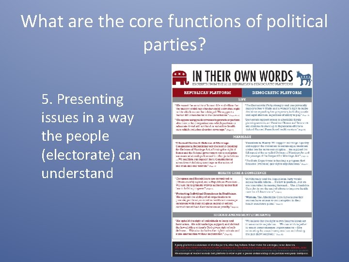 What are the core functions of political parties? 5. Presenting issues in a way
