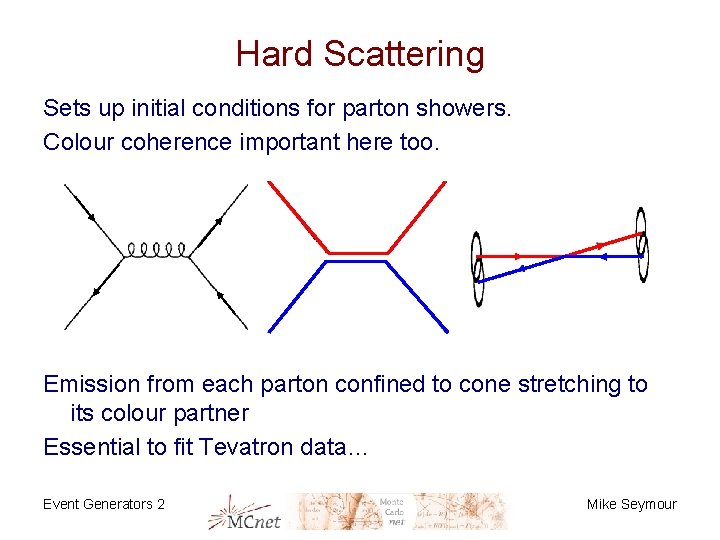 Hard Scattering Sets up initial conditions for parton showers. Colour coherence important here too.