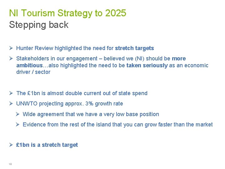 NI Tourism Strategy to 2025 Stepping back Ø Hunter Review highlighted the need for