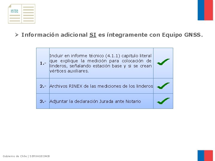 CARTERA TERRENO Ø Información adicional SI es íntegramente con Equipo GNSS. Incluir en informe