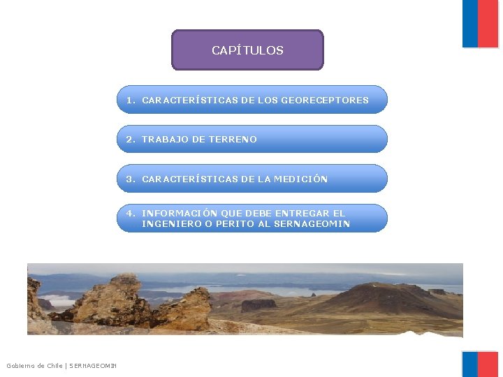 CAPÍTULOS 1. CARACTERÍSTICAS DE LOS GEORECEPTORES 2. TRABAJO DE TERRENO 3. CARACTERÍSTICAS DE LA
